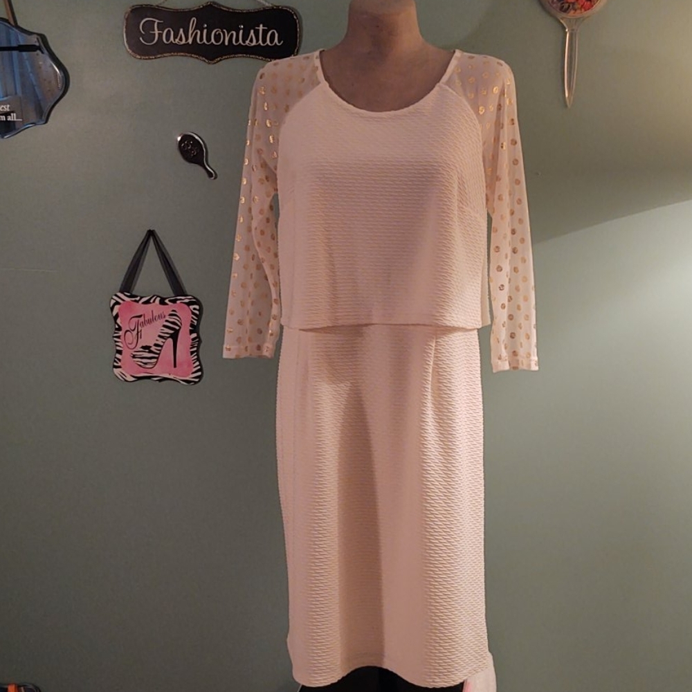 Off white cocktail dress with sheer sleeves